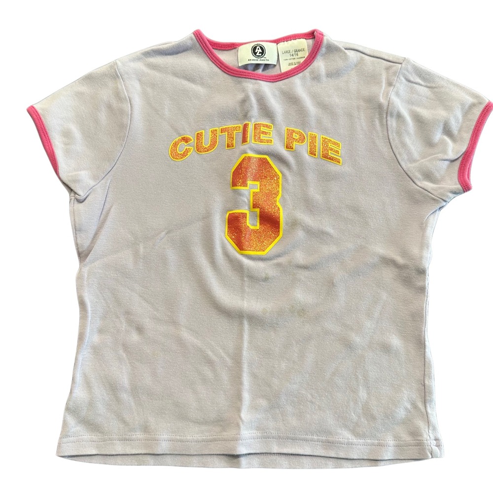 Y2K Arizona Jean Co Girls Cutie Pie 3 Glitter Ringer Baby Tee Purple Large 14/16